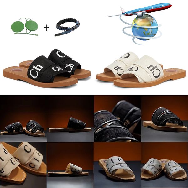 

2023 branded women woody mules fflat slipper deisgner lady lettering fabric outdoor leather sole slide sandal, Black