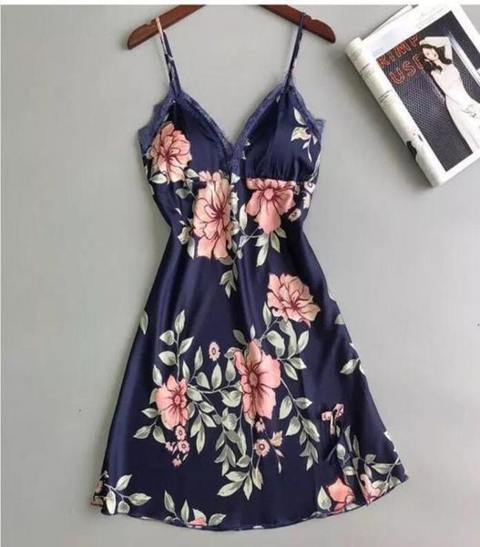 

pyjamas ladies sleeping lingerie slipdress printed silk nightwear floral womens nightdres lace satin night dress 2210274596660, Red;black
