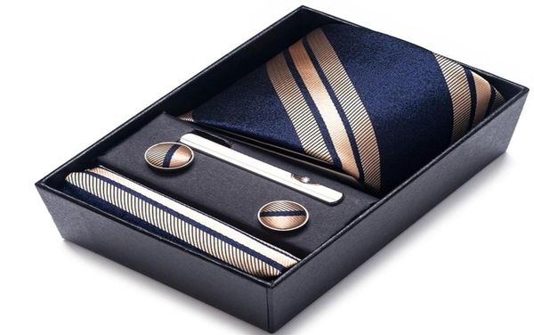 

neck tie set 100 silk brand handkerchief cufflink for men necktie holiday gift box blue gold suit accessories slim wedding gravat3026489, Black;blue