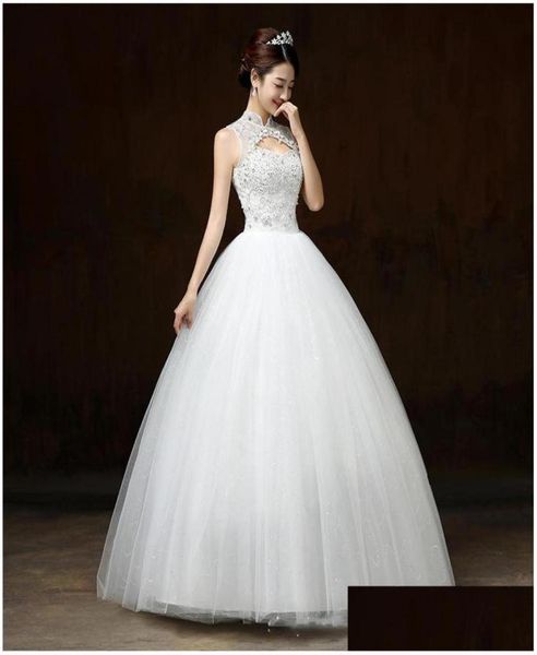 

in stock wedding dresses ball gown wedding dresses appliques sleeveless high neck lace up beaded bride gowns elegant robes de mari6058174, White