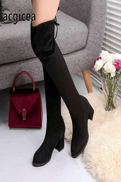 

boots oymlg2020 fashion women spring winter over the knee heels quality suede long comfort square botines mujer thigh high y22092977494, Black