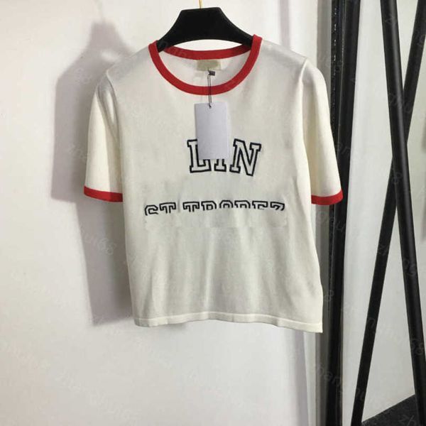 

23ss womens designer clothing womens knits color matching chest embroidered monogram knit short sleeve womens clothes a1, White