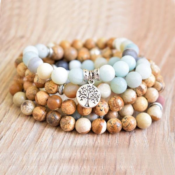 

bangle 8mm ite picture jasper mala necklace 108 mala beads bracelet tree of life bracelet mens healing meditation jewelry, Black