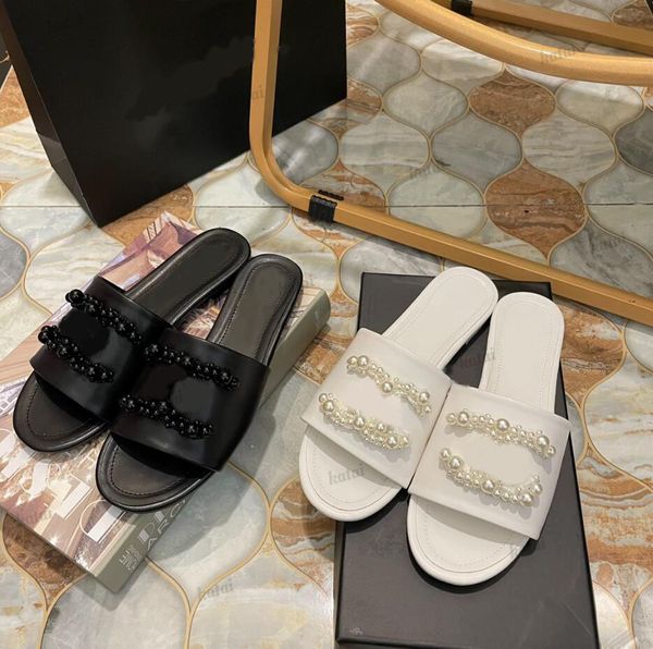 

classic flat summer slippers women pearl sandals slides designer luxury leather flip flops l ladies sandal, Black
