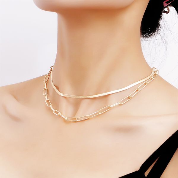 

preppy jewelry double-layered square clavicle chain blade snake chain clavicle chain ladies necklace wholesale niche design combination set, Silver