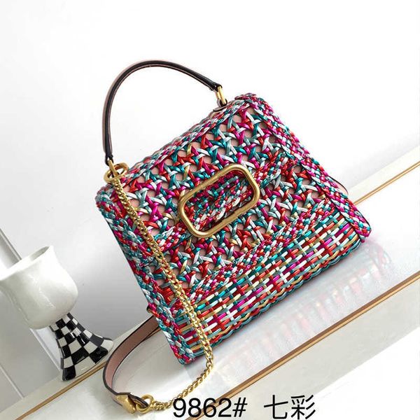 

7a natural colorful weaving totes bag trapezoid handbags women hollow-out shoulder fashion cross body bags leather handle gold buckle interi