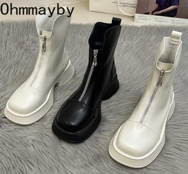 

boots 2022 autumn winter shoes thick sole women ankle fashion square toe zippers ladies elegant short boot platform flats heel y225247844, Black