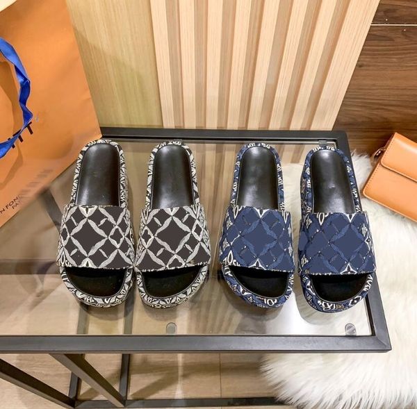 

quality women designer slippers classic canvas embroidery letters ladies thick sole beach shoes sandal luxury brand ladies home outdoor slid, Black