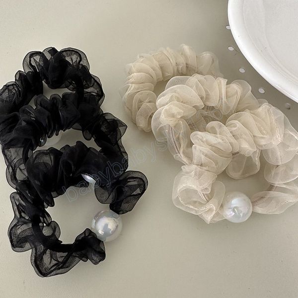 

woman pearl elastics hair band girls gauze hair ties scrunchies hair ring rope headwear hair accessories, Slivery;white