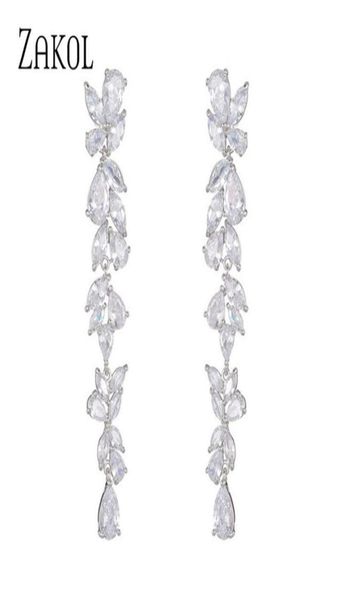 

dangle chandelier zakol luxury gorgeous aaa cubic zirconia flower long drop earrings for women bridal wedding jewelry gift fsep3854926543, Silver