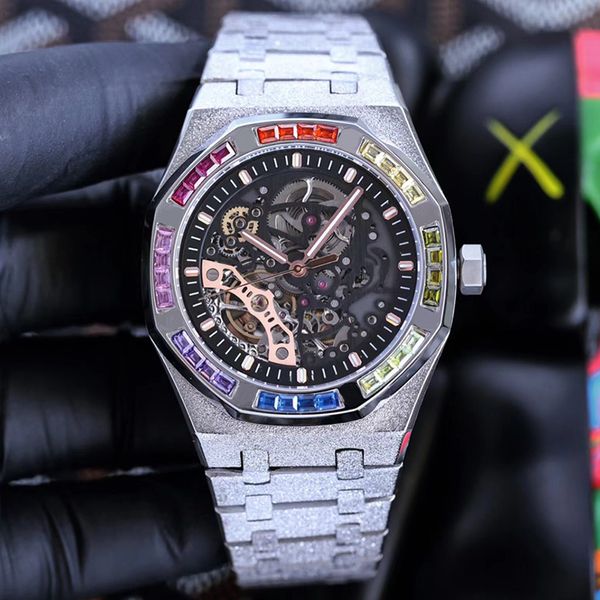 

luminous watch automatic mechanical movement men designer hollow flywheel surface wristwatch 45mm business bracelet stainless steel, Silver