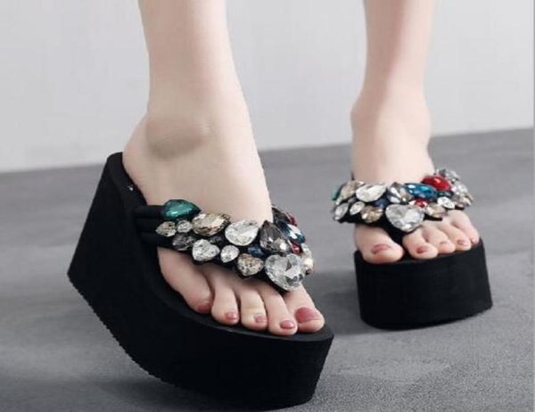 

slippers summer fashion 6 cm 8 cm 11 cm high heels wedges clip toe platform crystal women flipflops ladies beach slippers 2211043899872, Black