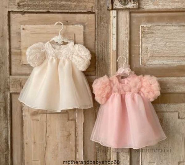 

summer newborn kids 1st birthday party dresses infant rose puff sleeve lace tulle dress baby princess clothing, Red;yellow