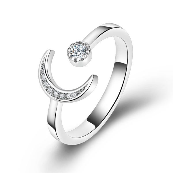 

moon&star adjustable silver rings aaa cubic zirconia micro pave popular girl's index finger ring jewelry
