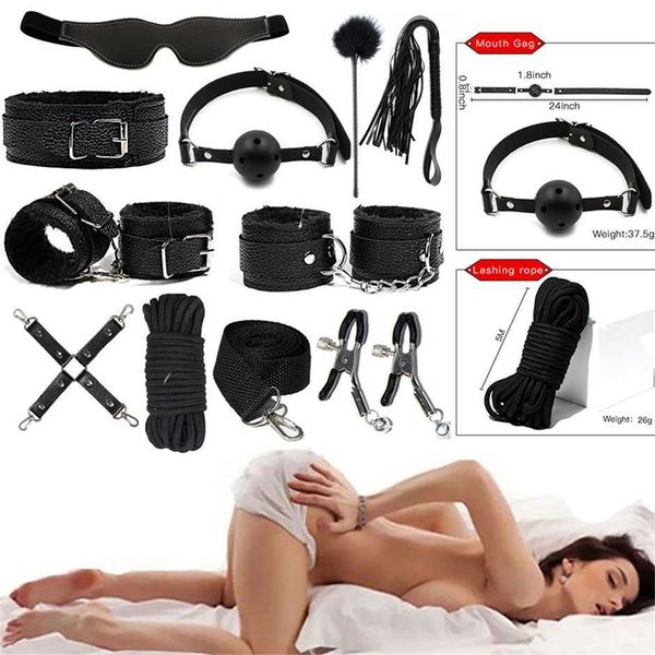 

10pcs kit toys handcuffs bondage shop menottes juguetes sexuales para parja self mouth gag whip game slave femdom 70% outlet store sale