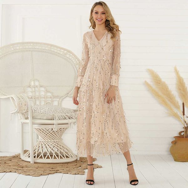 

women's spring/summer new long sleeve sequin tassel women's long dress, Black;gray