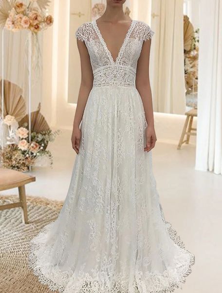 

beach open back wedding dress sweep train a-line cap sleeve v neck lace appliques boho bride gowns vestidos de novia customed robe de mariag, White