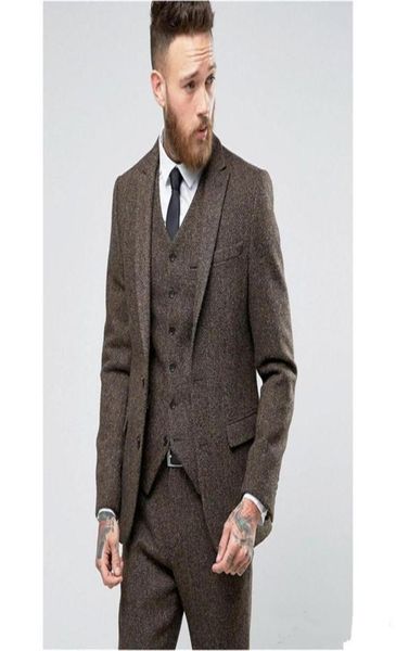 

new arrival two button brown tweed groom tuxedos peak lapel groomsmen mens wedding business prom suits jacketpantsvesttie 6489561667, Black;gray