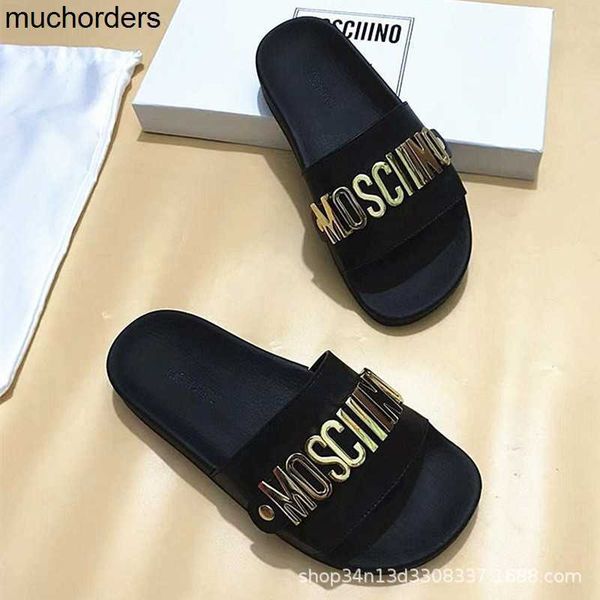 

guangzhou high edition mos beach sandals 2023 summer men's and women's fashion brand genuine leather metal buckle letter flat bott, Black
