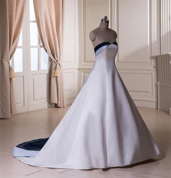 

elegant aline satin strapless wedding dress 3 colors stitching together bridal gown beaded embroidery zipper back chapel train8930706, White