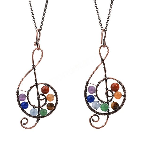 

7 chakra musical notes pendant necklace for men women healing natural stone round beads stainless steel chain jewelry, Silver