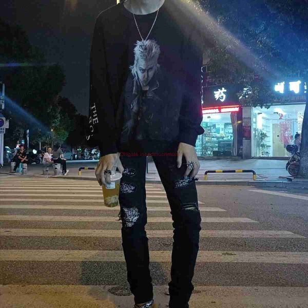 

men's jeans designer clothing amires denim pants amies high street black washed hole cashew flower mens trend slim fit elastic feet dis, Blue