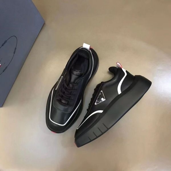 

designer sneakers men leather shoes luxury metal triangle logo brushed leather monolith trainer platform heel size 38-46 05, Black