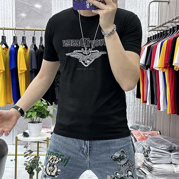 

t-shirt men's fashion eagle diamond letter silk cotton round neck short sleeve male tees summer business causal clothing plus size 7xl, White;black
