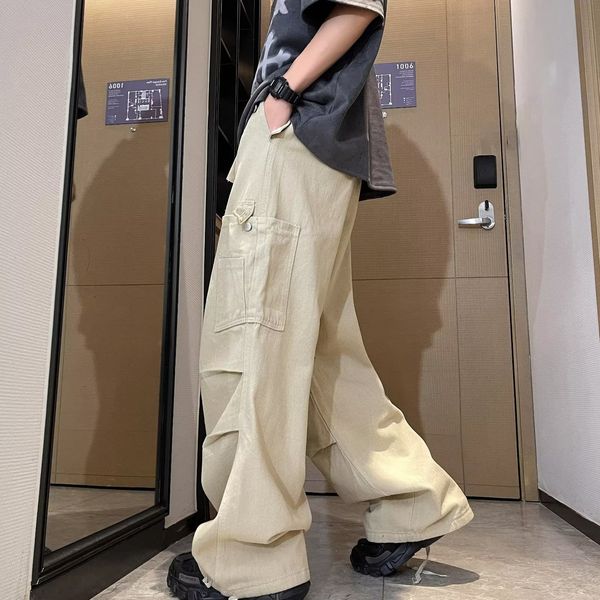 

youth casual summer loose men's sports 100 match tide wide leg personality fashion cargo pants, Black