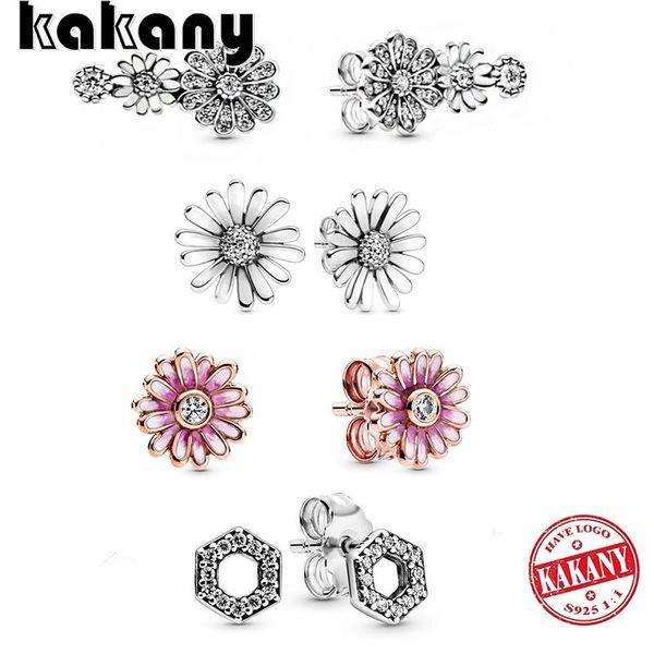 

stud 2020 925 sterling silver pave silver pink daisy flower honeycomb hexagon triple earrings fashion woman jewelry, Golden;silver