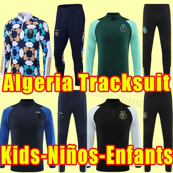 

kids enfants ninos 22-23 algeria soccer tracksuits 7 mahrez 21 bensebaini 22 bennacer 20 atal thai quality jersey feghouli training set long, Black