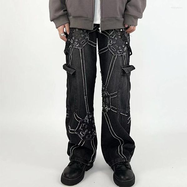 

men's jeans 2023 vibe style gear patchwork black hip hop baggy men pants dark streetwear straight punk cargo denim trousers pantalones, Blue