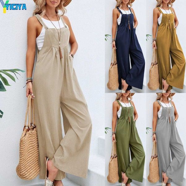 

yiciya women's jumpsuits rompers vintage cotton linen jumpsuit women 2023 casual solid button wide leg suspender pants with pockets sum, Black;white