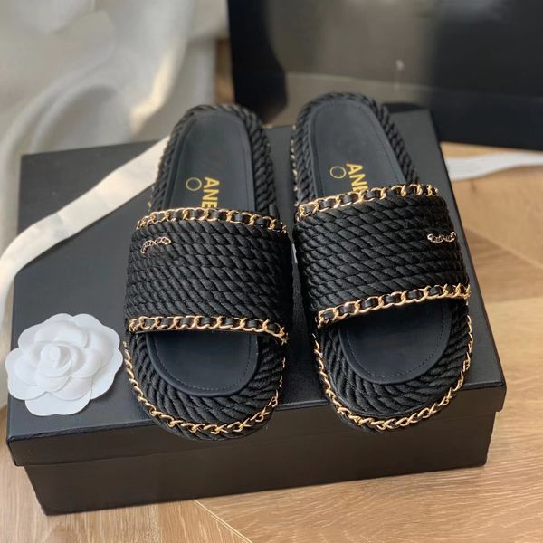

c c sandals handmade weave flat bottom slipper women chain platform sandal outdoor beach slipper summer leisure sandals designer shoes inter, Black