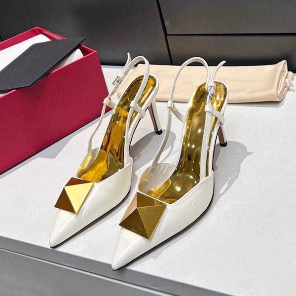 

no box design fashion pointed rivet sandals women's middle heel new shallow metal summer high heel baotou sandals, Black