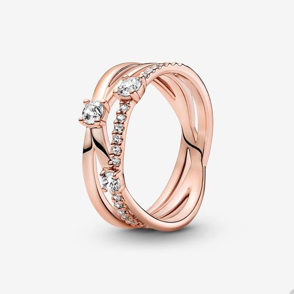 

18k rose gold wedding ring for pandora sparkling triple band rings party jewelry for women girls crystal diamond designer ring with original, Slivery;golden
