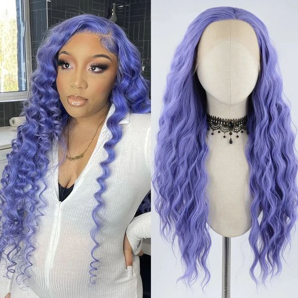 

purple lace front wig deep water wave synthetic hair wig with baby hair natural hairline bob wig glueless for women, Black