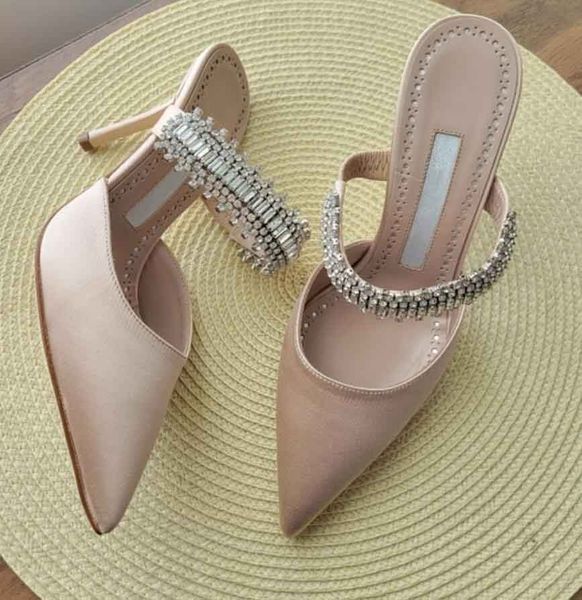 

luxury designer women dress shoes sandal high heel slide heels mb lutara crystal strap crystal embellished silk heel mules sandals pointed p, Black