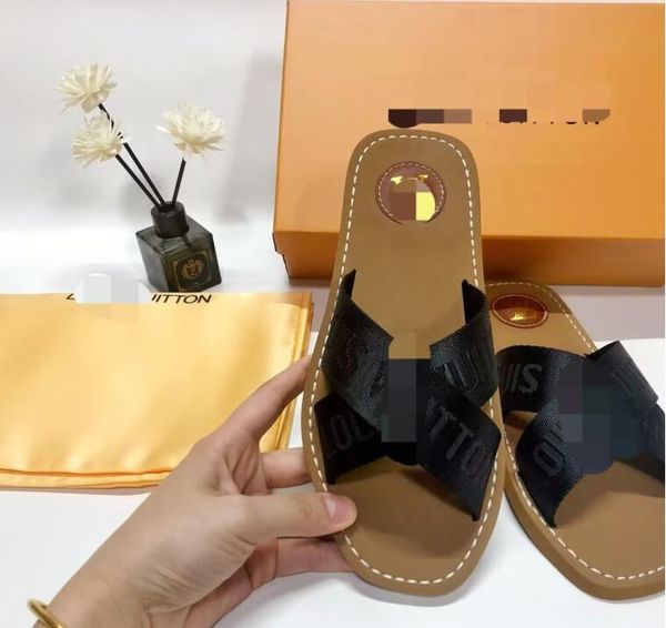 

branded women woody mules flat slipper designer lady lettering fabric outdoor leather sole slide sandal size 35--42 l63v92, Black