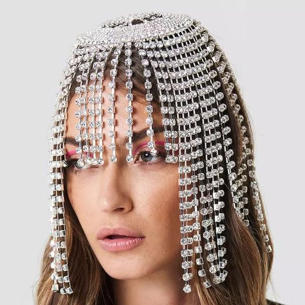 

luxury rhinestones delicate national wind forehead chain hair chain headdress multi-layer tassel mask chain hair accessories bridal wedding, Silver