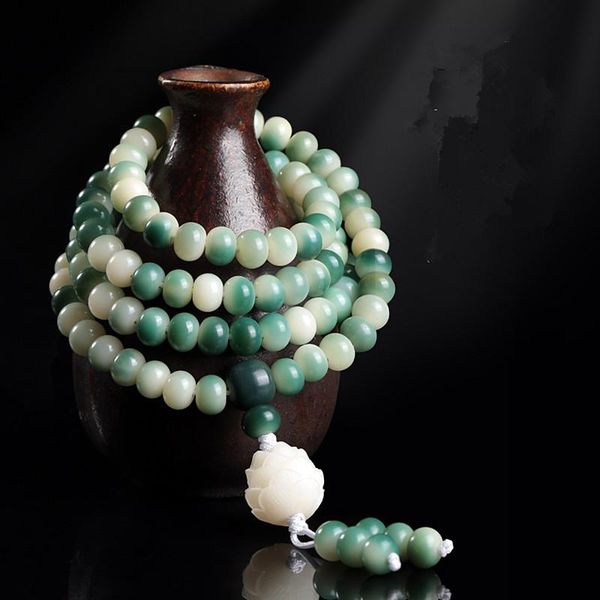 

bangle 8*10mm natural green bodhi rosary 108 beads bracelet women men prayer lotus pendant necklace buddhist meditation mala jewelry, Black