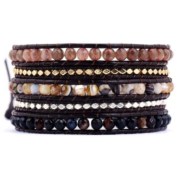 

bangle new cool 5 strands mixed stones onyx metal beads leather wrap bracelets vintage black lover's bracelet