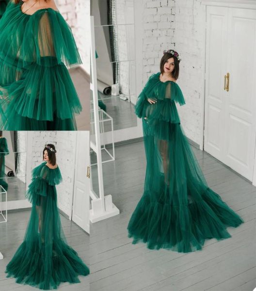 

dark green tulle ladies ruffles bathrobe sleepwear bridal long nightgowns women birthday party wedding gowns shower robes1592540, White