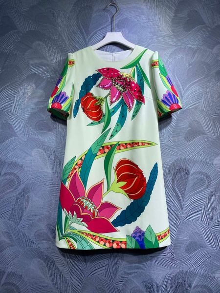 

original designer new dress 2023 spring/summer fashion flower print women's round neck short sleeve elegant beaded dress, Black