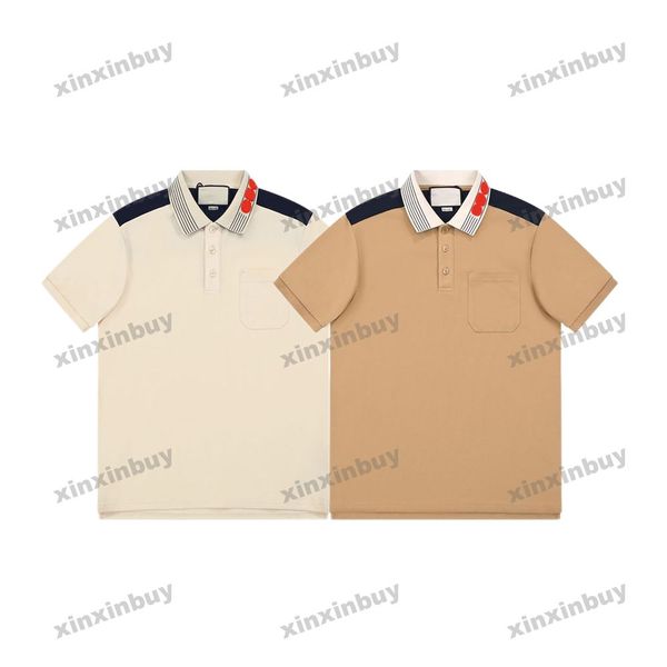 

xinxinbuy men designer tee t shirt 23ss collar stripe letter jacquard short sleeve cotton women apricot khaki s-2xl, Black;brown