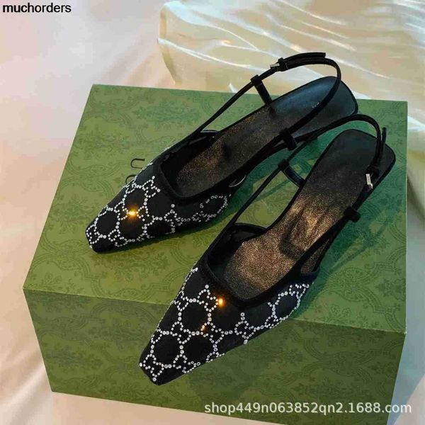 

g family mesh rhinestone slim heel sandals new spring summer 2023 fashion style women's shoes with a straight back square head buckle, Black