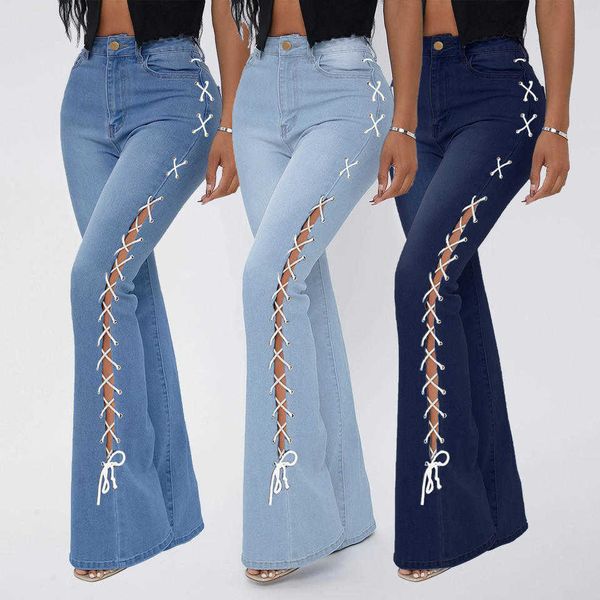 

side chain patchwork denim jeans women flared trousers high waist stretch slim ripped cargo pants, Blue