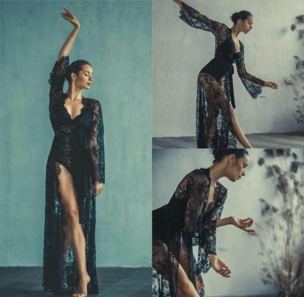 

black lace long sleeves bridal sleepwear fashion nightgown robes 2021 see through customise women undergarments1604853, White