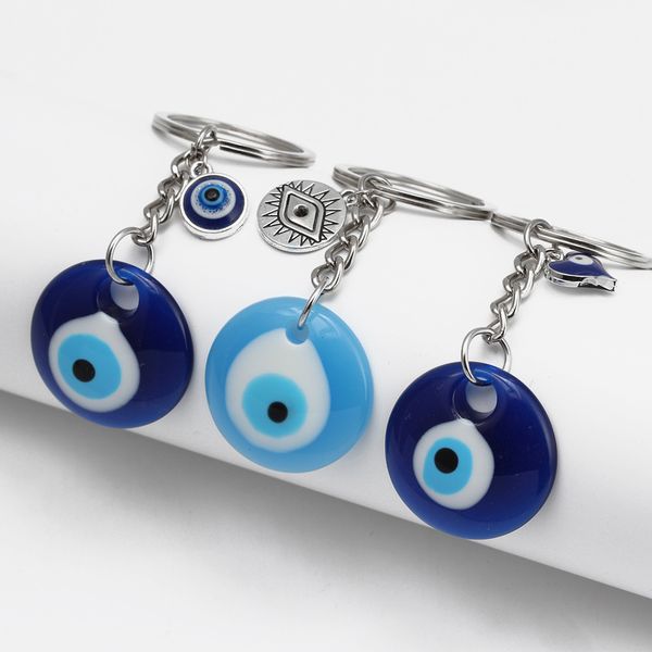 

round turkish evil eye keychains lucky resin blue pink red eye heart charm key chain keyring for men women car key pendant, Slivery;golden
