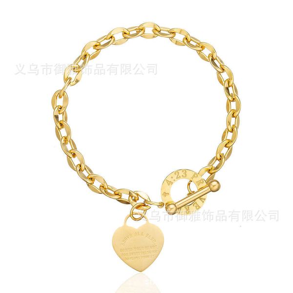 

titanium steel peach heart letter bracelet women's o-shaped chain love engraved handicraft ot buckle personalized stainless, Golden;silver
